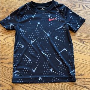 Nike Black Tee with Light Blue Allover Swooshes and Red Logo